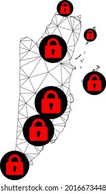 Polygonal mesh lockdown map of Belize. Abstract mesh lines and locks form map of Belize. Vector wire frame 2D polygonal line network in black color with red locks. Frame model for lockdown purposes.
