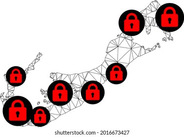 Mapa poligonal de bloqueo de malla de las islas Bermudas. Resumen de líneas de malla y cerraduras de mapa de las islas Bermudas. Red de línea poligonal 2D del marco de alambre de vectores en color negro con cerraduras rojas.