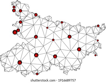 Polygonal mesh lockdown map of Bihar State. Abstract mesh lines and locks form map of Bihar State. Vector wire frame 2D polygonal line network in black color with red locks.