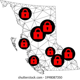 Polygonal mesh lockdown map of British Columbia Province. Abstract mesh lines and locks form map of British Columbia Province.