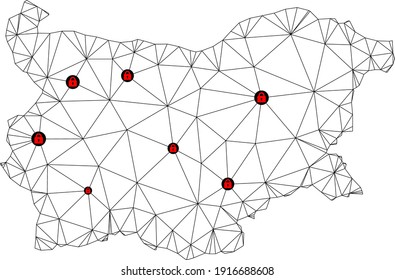 Polygonal mesh lockdown map of Bulgaria. Abstract mesh lines and locks form map of Bulgaria. Vector wire frame 2D polygonal line network in black color with red locks.