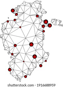 Polygonal mesh lockdown map of Burgos Province. Abstract mesh lines and locks form map of Burgos Province. Vector wire frame 2D polygonal line network in black color with red locks.