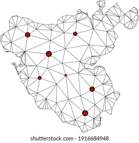 Polygonal mesh lockdown map of Cadiz Province. Abstract mesh lines and locks form map of Cadiz Province. Vector wire frame 2D polygonal line network in black color with red locks.