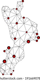 Mapa poligonal de bloqueo de malla de la región de Calabria. Resumen de líneas de malla y cerraduras de la región de Calabria. Red de línea poligonal 2D del marco de alambre de vectores en color negro con cerraduras rojas.