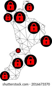 Polygonal mesh lockdown map of Calabria region. Abstract mesh lines and locks form map of Calabria region. Vector wire frame 2D polygonal line network in black color with red locks.