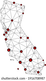 Polygonal mesh lockdown map of California. Abstract mesh lines and locks form map of California. Vector wire frame 2D polygonal line network in black color with red locks.