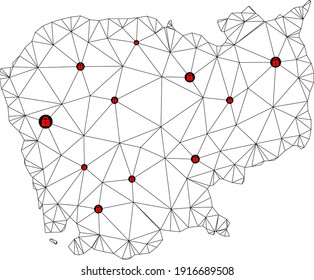 Polygonal mesh lockdown map of Cambodia. Abstract mesh lines and locks form map of Cambodia. Vector wire frame 2D polygonal line network in black color with red locks.