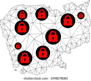 Polygonale Maschendrehkarte von Kambodscha. Abstrakte Maschenlinien und Schlösser bilden eine Karte Kambodschas. Vektor-Draht Rahmen 2D polygonale Linie Netzwerk in schwarzer Farbe mit roten Schlössern.