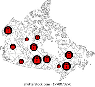 Polygonal mesh lockdown map of Canada. Abstract mesh lines and locks form map of Canada. Vector wire frame 2D polygonal line network in black color with red locks. Frame model for lockdown templates.