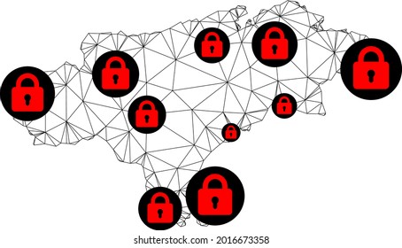 Polygonal mesh lockdown map of Cantabria Province. Abstract mesh lines and locks form map of Cantabria Province. Vector wire frame 2D polygonal line network in black color with red locks.