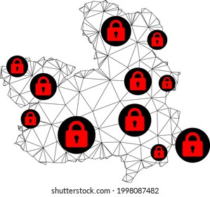 Polygonale Maschendrehkarte der Provinz Kastilien-La Mancha. Abstrakte Maschenlinien und Schlösser bilden eine Karte der Provinz Kastilien-La Mancha.