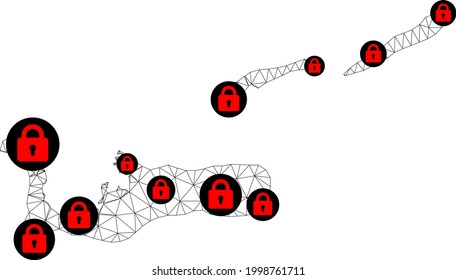 Polygonal mesh lockdown map of Cayman Islands. Abstract mesh lines and locks form map of Cayman Islands. Vector wire frame 2D polygonal line network in black color with red locks.