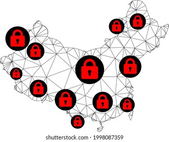 Polygonal mesh lockdown map of China. Abstract mesh lines and locks form map of China. Vector wire frame 2D polygonal line network in black color with red locks.