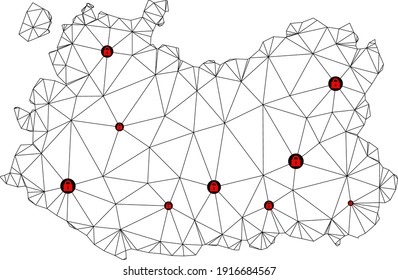 Polygonal mesh lockdown map of Ciudad Real Province. Abstract mesh lines and locks form map of Ciudad Real Province. Vector wire frame 2D polygonal line network in black color with red locks.