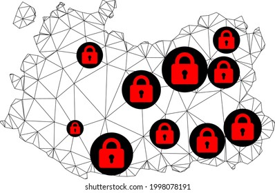 Polygonal mesh lockdown map of Ciudad Real Province. Abstract mesh lines and locks form map of Ciudad Real Province. Vector wire frame 2D polygonal line network in black color with red locks.