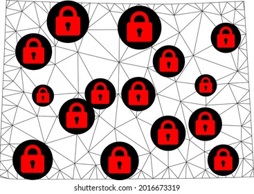 Polygonal mesh lockdown map of Colorado State. Abstract mesh lines and locks form map of Colorado State. Vector wire frame 2D polygonal line network in black color with red locks.