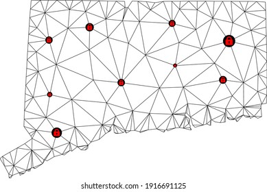 Mapa poligonal de bloqueo de malla del estado de Connecticut. Resumen de las líneas de malla y los bloqueos forman un mapa del estado de Connecticut. Red de línea poligonal 2D del marco de alambre de vectores en color negro con cerraduras rojas.