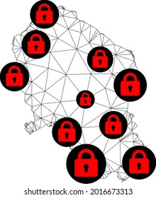 Polygonal mesh lockdown map of Cordoba Spanish Province. Abstract mesh lines and locks form map of Cordoba Spanish Province. Vector wire frame 2D polygonal line network in black color with red locks.