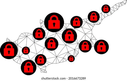 Mapa poligonal de bloqueo de malla de la isla de Chipre. Resumen de líneas de malla y cerraduras de mapa de la isla de Chipre. Red de línea poligonal 2D del marco de alambre de vectores en color negro con cerraduras rojas.