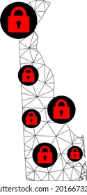 Polygonal mesh lockdown map of Delaware State. Abstract mesh lines and locks form map of Delaware State. Vector wire frame 2D polygonal line network in black color with red locks.