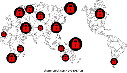 Polygonal mesh lockdown map of Earth. Abstract mesh lines and locks form map of Earth. Vector wire frame 2D polygonal line network in black color with red locks. Frame model for isolation purposes.