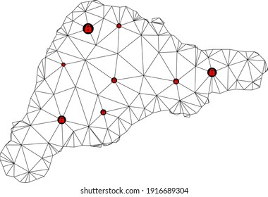 Polygonal mesh lockdown map of Easter Island. Abstract mesh lines and locks form map of Easter Island. Vector wire frame 2D polygonal line network in black color with red locks.