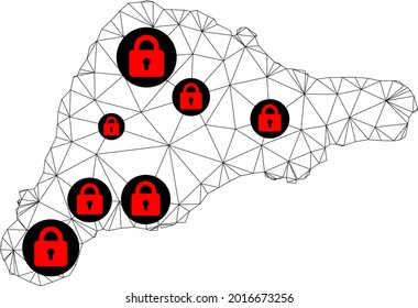 Polygonal mesh lockdown map of Easter Island. Abstract mesh lines and locks form map of Easter Island. Vector wire frame 2D polygonal line network in black color with red locks.