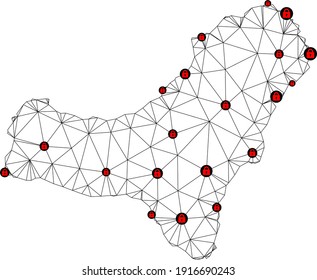 Polygonal mesh lockdown map of El Hierro Island. Abstract mesh lines and locks form map of El Hierro Island. Vector wire frame 2D polygonal line network in black color with red locks.