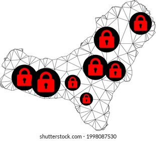 Polygonal mesh lockdown map of El Hierro Island. Abstract mesh lines and locks form map of El Hierro Island. Vector wire frame 2D polygonal line network in black color with red locks.