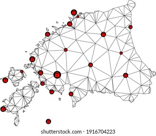 Polygonal mesh lockdown map of Estonia. Abstract mesh lines and locks form map of Estonia. Vector wire frame 2D polygonal line network in black color with red locks. Frame model for epidemic posters.