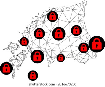 Polygonal mesh lockdown map of Estonia. Abstract mesh lines and locks form map of Estonia. Vector wire frame 2D polygonal line network in black color with red locks.