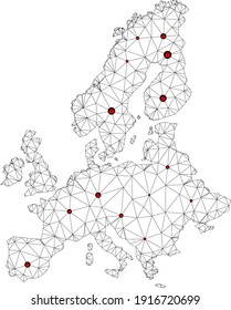 Polygonal mesh lockdown map of Euro Union. Abstract mesh lines and locks form map of Euro Union. Vector wire frame 2D polygonal line network in black color with red locks.