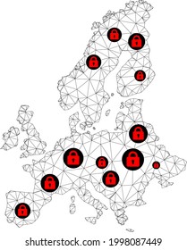 Polygonal mesh lockdown map of Euro Union. Abstract mesh lines and locks form map of Euro Union. Vector wire frame 2D polygonal line network in black color with red locks.