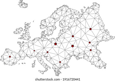 Polygonal mesh lockdown map of Europe. Abstract mesh lines and locks form map of Europe. Vector wire frame 2D polygonal line network in black color with red locks.