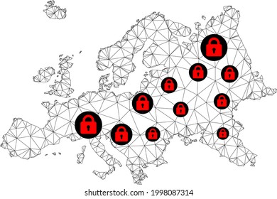 Polygonal mesh lockdown map of Europe. Abstract mesh lines and locks form map of Europe. Vector wire frame 2D polygonal line network in black color with red locks. Frame model for outbreak posters.