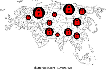 Polygonal mesh lockdown map of Europe and Asia. Abstract mesh lines and locks form map of Europe and Asia. Vector wire frame 2D polygonal line network in black color with red locks.