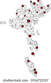Polygonal mesh lockdown map of Faroe Islands. Abstract mesh lines and locks form map of Faroe Islands. Vector wire frame 2D polygonal line network in black color with red locks.