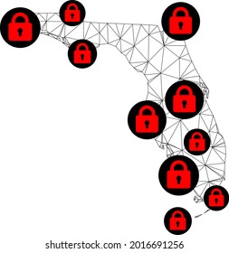 Polygonal mesh lockdown map of Florida State. Abstract mesh lines and locks form map of Florida State. Vector wire frame 2D polygonal line network in black color with red locks.