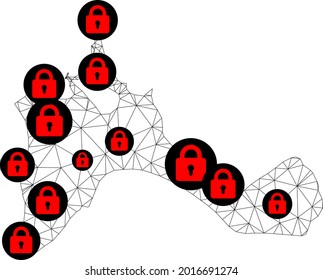 Polygonal mesh lockdown map of Formentera Island. Abstract mesh lines and locks form map of Formentera Island. Vector wire frame 2D polygonal line network in black color with red locks.