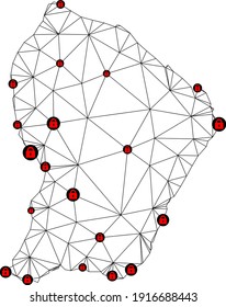 Polygonal mesh lockdown map of French Guiana. Abstract mesh lines and locks form map of French Guiana. Vector wire frame 2D polygonal line network in black color with red locks.