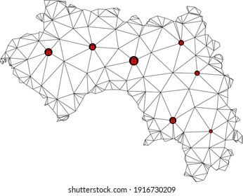 Mapa poligonal de bloqueo de malla de Guinea francesa. Resumen de líneas de malla y cerraduras de un mapa de Guinea francesa. Red de línea poligonal 2D del marco de alambre de vectores en color negro con cerraduras rojas.