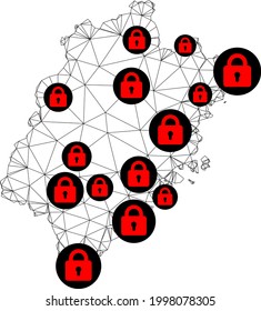 Polygonal mesh lockdown map of Fujian Province. Abstract mesh lines and locks form map of Fujian Province. Vector wire frame 2D polygonal line network in black color with red locks.