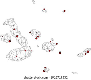 Polygonal mesh lockdown map of Galapagos Islands. Abstract mesh lines and locks form map of Galapagos Islands. Vector wire frame 2D polygonal line network in black color with red locks.