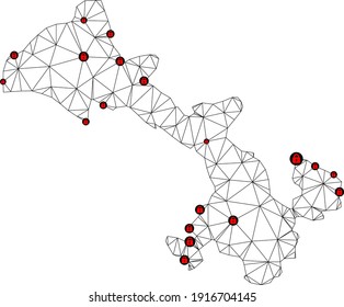 Polygonal mesh lockdown map of Gansu Province. Abstract mesh lines and locks form map of Gansu Province. Vector wire frame 2D polygonal line network in black color with red locks.