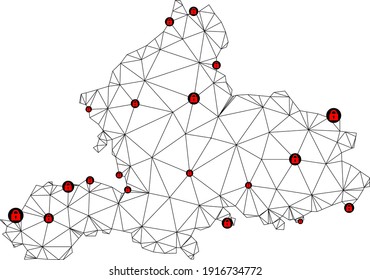 Mapa poligonal de bloqueo de malla de la provincia de Gelderland. Resumen de líneas de malla y cerraduras de mapa de la provincia de Gelderland. Red de línea poligonal 2D del marco de alambre de vectores en color negro con cerraduras rojas.