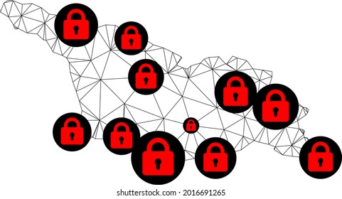 Polygonal mesh lockdown map of Georgia. Abstract mesh lines and locks form map of Georgia. Vector wire frame 2D polygonal line network in black color with red locks.