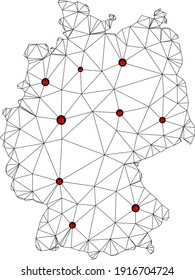 Polygonal mesh lockdown map of Germany. Abstract mesh lines and locks form map of Germany. Vector wire frame 2D polygonal line network in black color with red locks. Frame model for lockdown purposes.