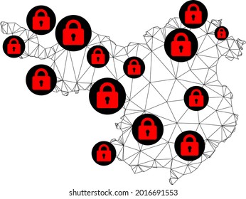 Polygonal mesh lockdown map of Gerona Province. Abstract mesh lines and locks form map of Gerona Province. Vector wire frame 2D polygonal line network in black color with red locks.