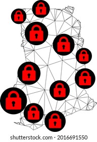 Polygonal mesh lockdown map of Ghana. Abstract mesh lines and locks form map of Ghana. Vector wire frame 2D polygonal line network in black color with red locks.