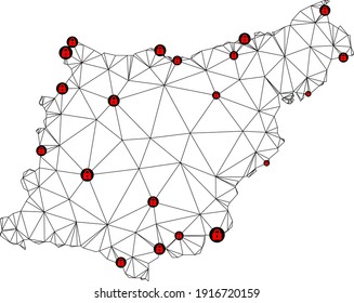 Polygonal mesh lockdown map of Gipuzkoa Province. Abstract mesh lines and locks form map of Gipuzkoa Province. Vector wire frame 2D polygonal line network in black color with red locks.